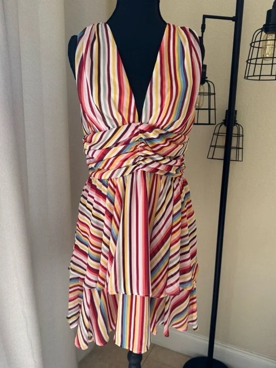 WAYF NWT Striped Ruffle Mini Dress Medium Ruched Feminine - Picture 2 of 7